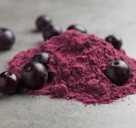 Świeże jagody acai oraz pozyskany z nich proszek.
