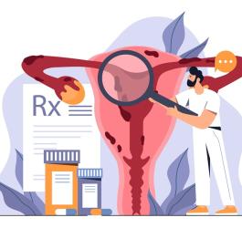 Rysunkowy lekarz diagnozuje adenomiozę w obrębie macicy.