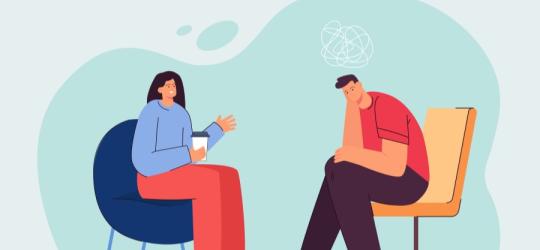 Rysunkowy pacjent podczas wizyty u specjalisty zdrowia psychicznego.