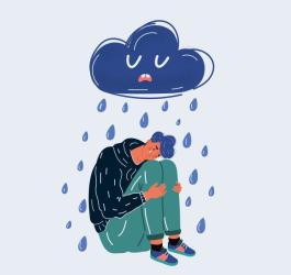Rysunkowa postać zmaga się z anhedonią, siedzi pod burzową chmurą.