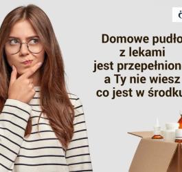 Młoda, zamyślona kobieta. Obok karton pełen leków. W rogu logotyp VisiMed.