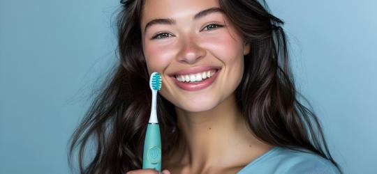 Uśmiechnięta kobieta pozuje ze szczoteczką soniczną w dłoni.