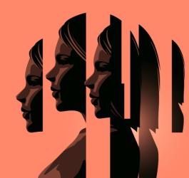 Grafika 2D, twarz kobiety z profilu, podzielona na części jako wizualizacja zaburzeń psychicznych.