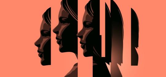 Grafika 2D, twarz kobiety z profilu, podzielona na części jako wizualizacja zaburzeń psychicznych.