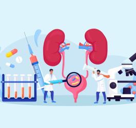 Rysunkowi lekarze diagnozują u pacjenta choroby układu moczowego.