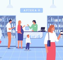 Rysunkowa apteka pełna pacjentów w różnym wieku.