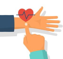 Grafika rysunkowa. Lekarz mierzy pacjentowi puls na nadgarstku przy pomocy palca.