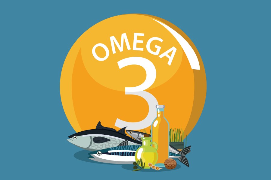 Grafika 2D przedstawiająca źródła kwasów omega-3 w diecie - ryby, oleje, orzechy, nasiona.