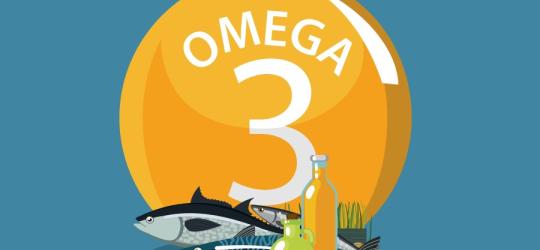 Grafika 2D przedstawiająca źródła kwasów omega-3 w diecie - ryby, oleje, orzechy, nasiona.