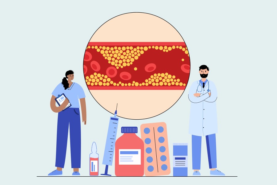 Rysunkowi lekarze diagnozują i leczą hipercholesterolemię rodzinną u pacjenta.