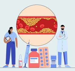 Rysunkowi lekarze diagnozują i leczą hipercholesterolemię rodzinną u pacjenta.