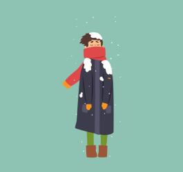 Rysunkowa postać w zimowych ubraniach, wychłodzona, zdradzająca oznaki hipotermii.