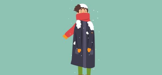 Rysunkowa postać w zimowych ubraniach, wychłodzona, zdradzająca oznaki hipotermii.