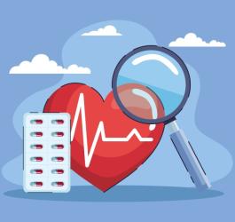 Grafika 3D serca i leków na nadciśnienie tętnicze.