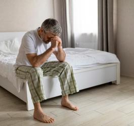 Zmartwiony mężczyzna siedzi na brzegu łóżka, nie radzi sobie z problemem przedwczesnego wytrysku.