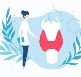 Obrazek przedstawiający postać lekarki i tarczycę.