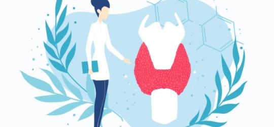 Obrazek przedstawiający postać lekarki i tarczycę.