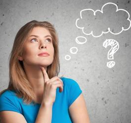 Młoda kobieta, długo się nad czymś zastanawia. Obok narysowany dymek i znak zapytania.