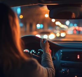 Kobieta o zmierzchu prowadzi samochód, może się zmagać z kurzą ślepotą.