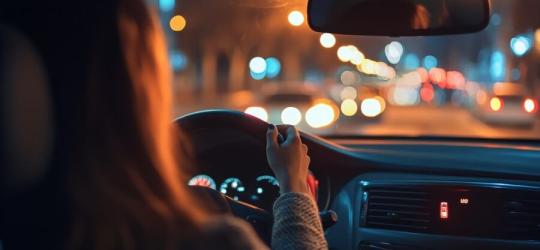Kobieta o zmierzchu prowadzi samochód, może się zmagać z kurzą ślepotą.