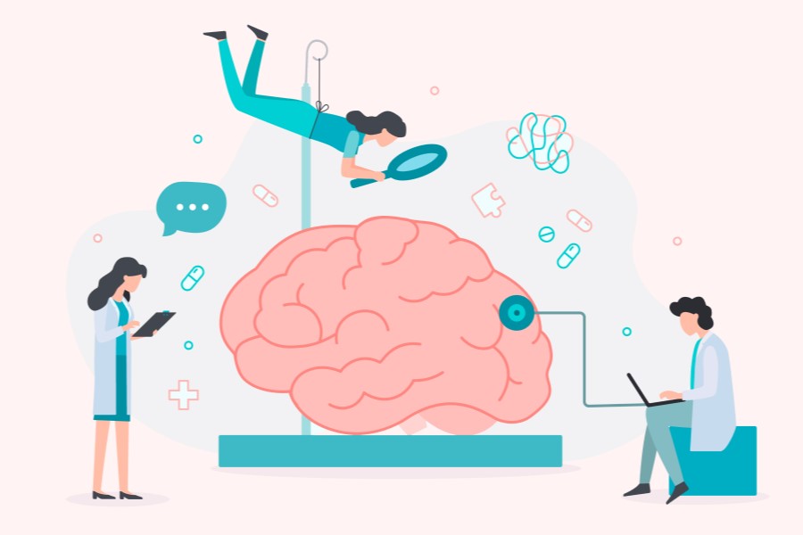 Rysunkowi lekarze badają, jak leki nootropowe działają na mózg.