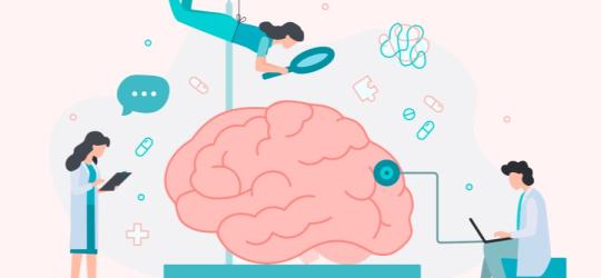 Rysunkowi lekarze badają, jak leki nootropowe działają na mózg.