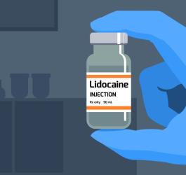 Grafika 2D. Fiolka lidokainy w dłoni lekarza.