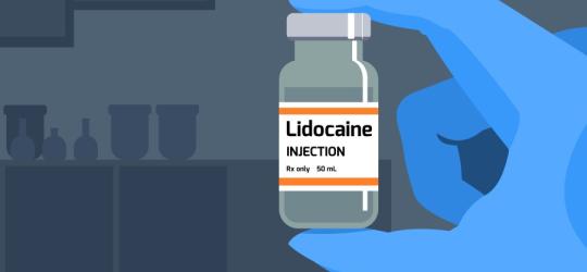 Grafika 2D. Fiolka lidokainy w dłoni lekarza.