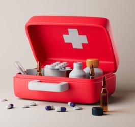 Czerwona apteczka zawierająca blistry leków, buteleczki i ampułki.