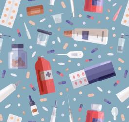 Rysunek buteleczek i blistrów leków, aerozoli, maści, rozsypanych tabletek i kapsułek.