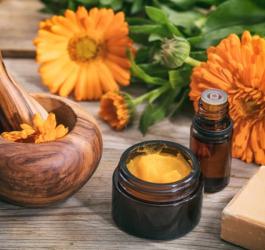 Słoiczek maści nagietkowej obok kwiatów nagietka i olejku eterycznego.