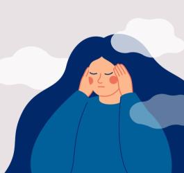 Rysunkowa kobieta, trzyma się za głowę.