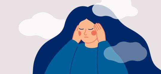 Rysunkowa kobieta, trzyma się za głowę.