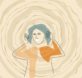 Rysunkowa postać doświadcza migreny z aurą.