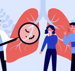 Rysunkowy lekarz diagnozuje u pacjentów zakażenie mykoplazmą (Mycoplasma pneumoniae).