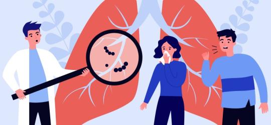 Rysunkowy lekarz diagnozuje u pacjentów zakażenie mykoplazmą (Mycoplasma pneumoniae).