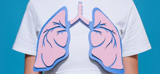 Kobieta w białej koszulce, do koszulki przymocowane płuca, wycięte z kolorowego papieru.