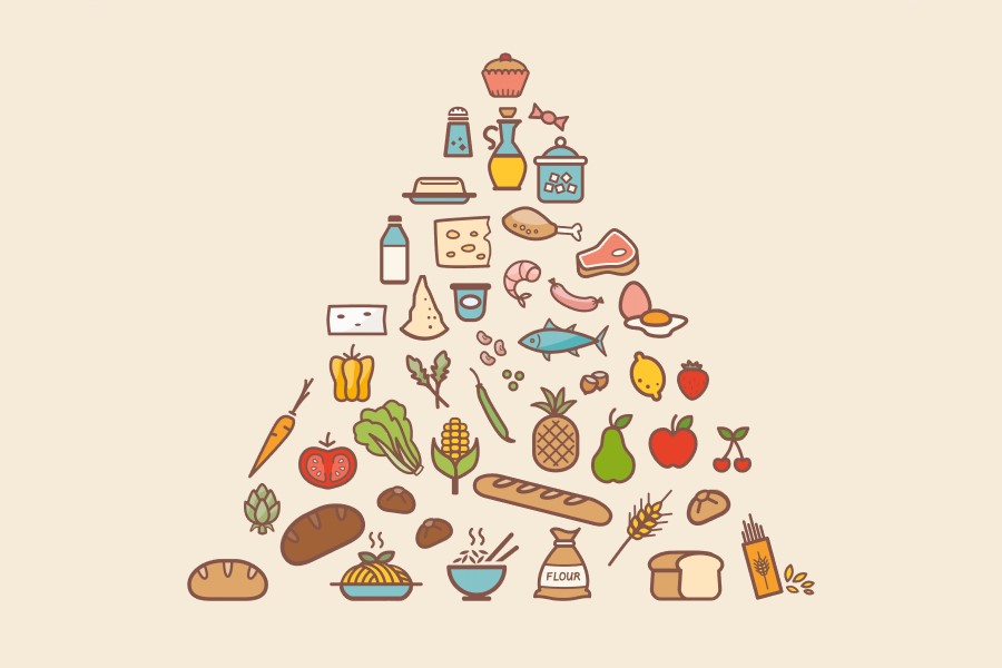 Grafika 2D przedstawiająca różne produkty spożywcze ułożone w kształt piramidy żywieniowej.