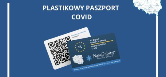 Grafika placówek NaszGabinet reklamująca możliwość zdobycia plastikowego paszportu COVID.