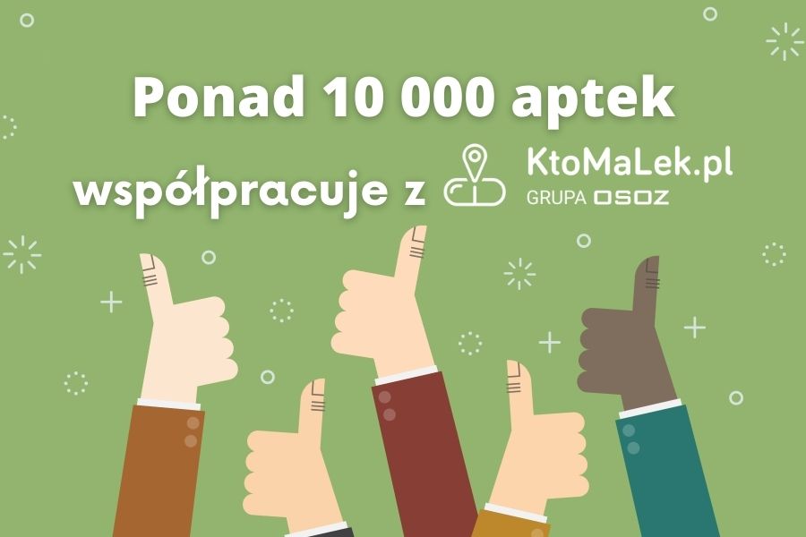 Grafika informująca o tym, że w bazie serwisu KtoMaLek.pl jest już ponad 10 000 aptek.