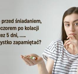 Młoda kobieta trzyma w dłoni sporo tabletek i zastanawia się, jak je przyjmować. Obok logo VisiMed.