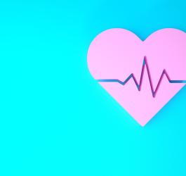 Grafika przedstawia różowe serce na turkusowym tle, na nim linię ilustrującą prawidłowy puls