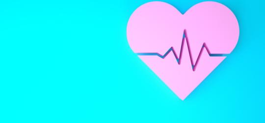 Grafika przedstawia różowe serce na turkusowym tle, na nim linię ilustrującą prawidłowy puls