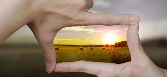 Kobiece dłonie wykonujące gest kadrowania.