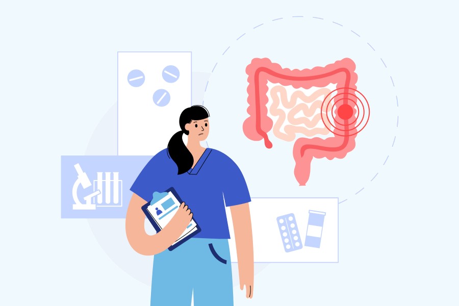 Rysunkowa lekarka diagnozuje raka jelita grubego u pacjenta.