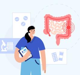 Rysunkowa lekarka diagnozuje raka jelita grubego u pacjenta.
