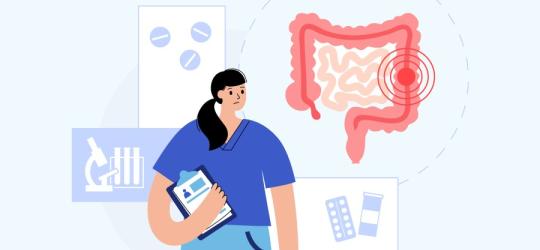 Rysunkowa lekarka diagnozuje raka jelita grubego u pacjenta.