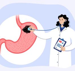 Rysunkowa lekarka diagnozuje u pacjenta raka zoladka.