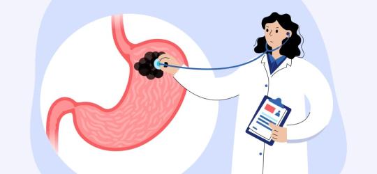Rysunkowa lekarka diagnozuje u pacjenta raka zoladka.