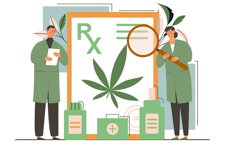 Rysunkowi lekarza sprawdzają leki zawierające konopie medyczne.